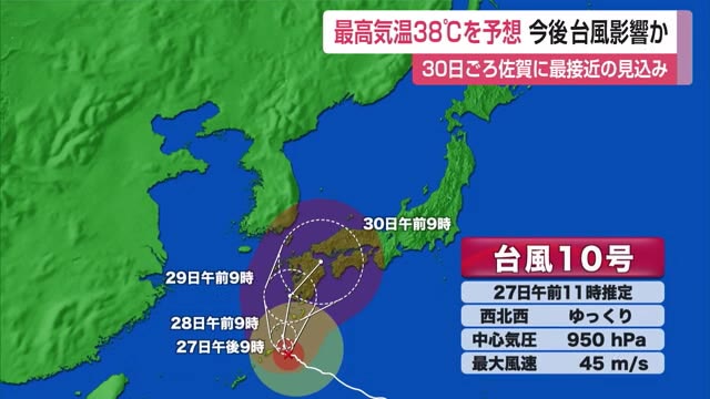 最高気温38℃を予想 台風10号は30日ごろに佐賀に最接近の見込み【佐賀県】