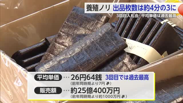 秋目網ノリ 今季3回目の入札会 平均単価は26円64銭 同じ時期の入札会では過去最高【佐賀県】